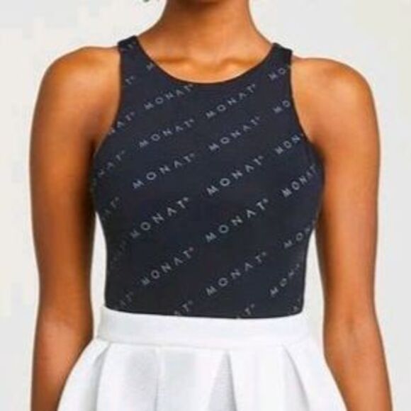 Monat Gear Logo Print High Neck Sleeveless Compression Bodysuit Black Yoga L - Picture 1 of 6